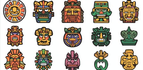 Wall Mural - Mexican god symbols featuring black and abstract, colorful Aztec animal and bird totems. These symbols capture the essence of ancient Inca and Maya civilization’s simple, traditional iconography.