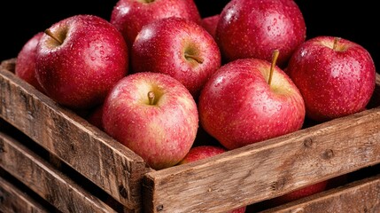 Wall Mural - Red apples in wooden crate, dark background, healthy harvest