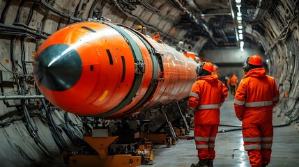 Poster - Stunning underground tunnel with industrial architecture leading to a secretive high tech research facility representing scientific advancement and human curiosity