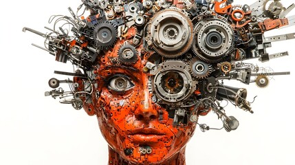 Poster - Surreal and conceptual digital artwork depicting a human like head composed of various car parts gears circuits and other electric vehicle components