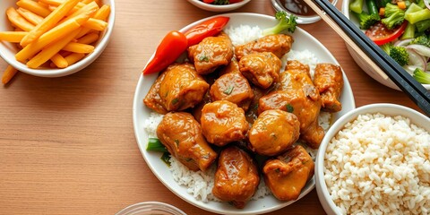 Wall Mural - Hainanese chicken fried rice served on a white plate with fresh vegetables, rice, authentic