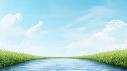 Wall Mural - calm river with lush grass under clear blue sky