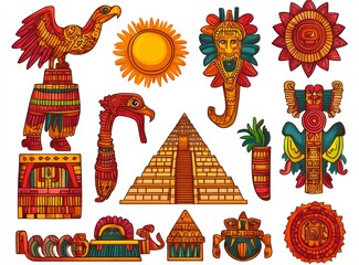 Wall Mural - Tribal symbols and tattoos from the Mayan, Aztec, Incan, and other Mexican ancient civilizations. These artwork elements draw from sun imagery, mythology, birds, and animals, including eagles,