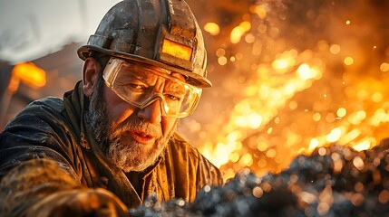 Aufkleber - Vigilant worker in protective suit helmet and goggles carefully monitoring the temperature of molten metal in an intense industrial setting with sparks and heat
