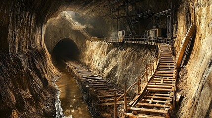 Poster - Winding underground tunnel leading to a hidden high security facility where scientists and engineers work on advanced top secret research projects and experiments