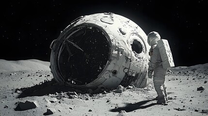 Poster - A crashed and partially buried UFO discovered within a mysterious lunar crater surrounded by scattered debris on the surface of the moon