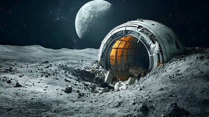 Poster - A crashed partially buried UFO discovered in a lunar crater surrounded by extraterrestrial debris and the desolate landscape of the moon  This futuristic