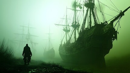 Aufkleber - A fleet of ghostly ships silently sailing through the dense ethereal mists of the Bermuda Triangle lost in the folds of time and shrouded in an aura of mystery and the supernatural