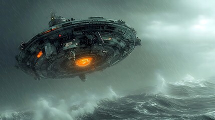 Poster - A futuristic extraterrestrial spacecraft hovers ominously above the choppy turbulent waters of the mysterious Bermuda Triangle creating a sense of wonder and unease