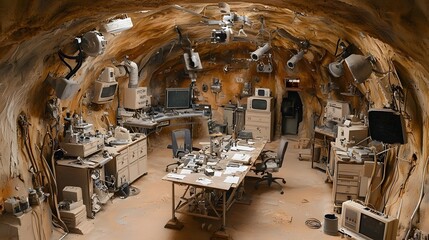 Poster - A top secret underground laboratory filled with advanced alien technology specialized equipment and a workspace for conducting clandestine research and experiments