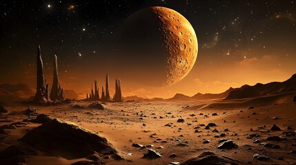 Poster - Captivating 3D depicting a cosmic anomaly altering the surface of the Moon creating a surreal and otherworldly landscape in a futuristic sci fi fantasy environment