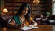 © IgorImageDoc - young woman sitting wooden table library she wearing traditional indian saree green blouse gold necklace she has long dark hair holding pen her right hand writing notebook notebook open woman appears