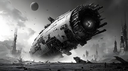 Poster - Colossal alien city suddenly becoming visible as the moon s surface shifts creating a dramatic futuristic science fiction landscape  The towering