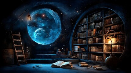 Poster - Cosmic library filled with tomes and scrolls containing the collective knowledge of long lost civilizations millions of years old waiting to be discovered and explored