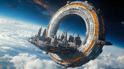 Fototapete - Futuristic alien cityscape floating in the void between galaxies surrounded by a breathtaking cosmic landscape of swirling nebulae stars and portals to other dimensions  This imaginative