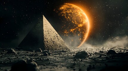 Aufkleber - Futuristic and fantastical glowing pyramid like structure standing on the surface of the Moon emanating powerful energy against a dramatic cosmic backdrop of stars and galaxy