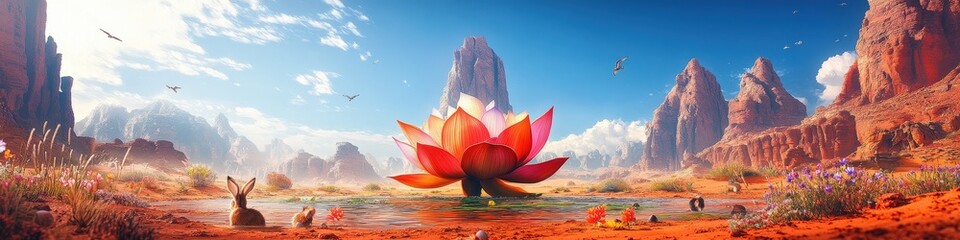 Canvas Print - Majestic Red Lotus in Desert Landscape with Rocky Formations and Vibrant Sky | Surreal Nature Scene at Sunrise in Arid Wilderness with Stunning Clouds