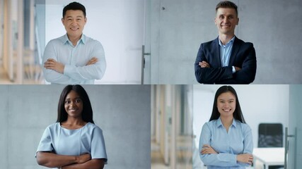 Poster - A diverse group of four professionals stands confidently with arms crossed in a contemporary office space, showcasing teamwork, positivity, and professionalism aimed at fostering collaboration.