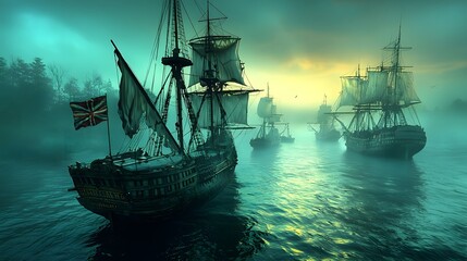 Aufkleber - Haunting Spectral Ships Adrift in the Mysterious Bermuda Triangle Lost to Time and Shrouded in Ethereal Fog