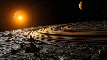 Poster - Massive orbiting ring like structure of an alien world in the starry night sky depicting a futuristic science fiction landscape of an exoplanet with a mysterious celestial phenomenon