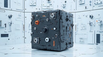 Poster - Mysterious black cube levitating and suspended inside a classified high tech research facility  The cube appears to be an advanced experimental device or technology being studied in a secure