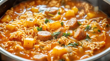 Wall Mural - Korean Budae Jjigae: Spicy Army Stew with Sausage and Toppings