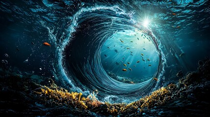 Poster - Mysterious glowing whirlpool vortex with eerie blue light in the middle of a vast deep ocean  Swirling currents and waves create a surreal fantastical seascape