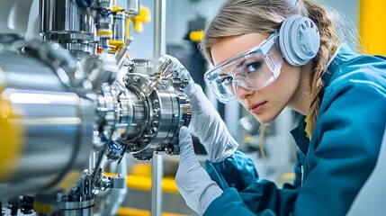 Poster - Scientist closely examining and analyzing an unknown floating metal alloy using advanced laboratory equipment and technology in a high tech futuristic research workspace