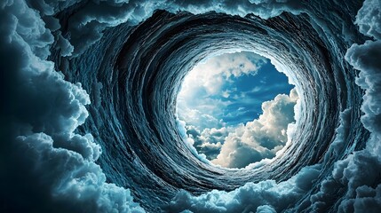 Poster - Swirling vortex or portal opening in the cloudy sky revealing a glimpse into another mysterious dimension beyond our own  Metaphysical surreal and fantastical concept of transcendent realms and cosmic