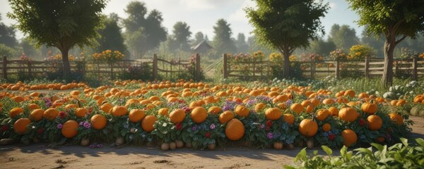 pumpkin patch with vibrant flowers and greenery, flowers, pumpkins