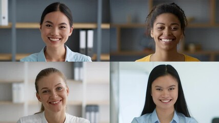 Poster - Four multiracial women engage in a joyful video call, each showing unique hairstyles and expressions while in their respective professional environments.