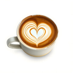 Wall Mural - Latte art in a white cup with a heart design, isolated on a white background