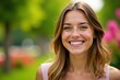 © tpadobestock - Young woman smiling while wearing Invisalign braces against a soft focus background with blurred trees and flowers, smile, invisalign braces,