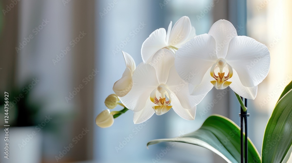 A close-up of elegant white orchids in a bright indoor setting.