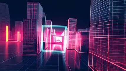 Poster - Futuristic neon cityscape with geometric structures and dynamic light trails