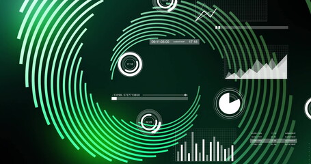 Poster - Green circular patterns and data charts, futuristic image of data processing