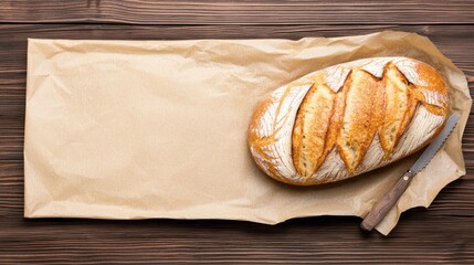 Wall Mural - Artisan sourdough bread on wooden table, baking paper, knife. Food blog, recipe