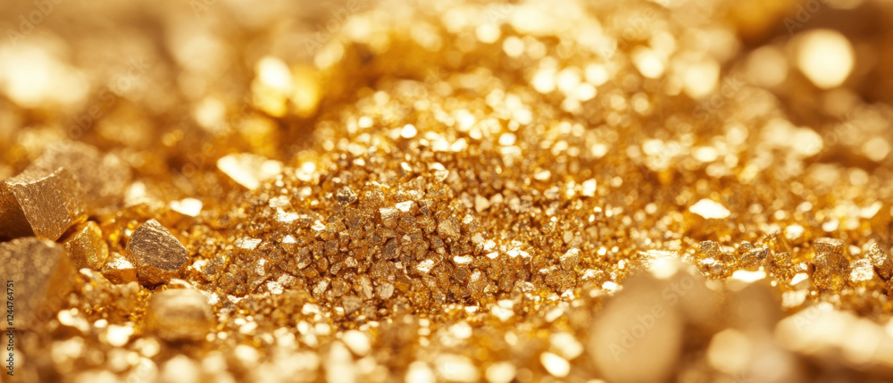 Close-up of shimmering gold nuggets and dust in a natural mineral setting with warm, rich golden ...