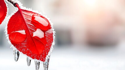 Wall Mural - Close-up of frozen red leaves with water droplets, showcasing winter's beauty and nature's resilience