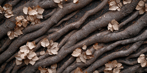 Earthy texture with intertwining tree roots and leaves, background, backdrop, texture, wallpaper