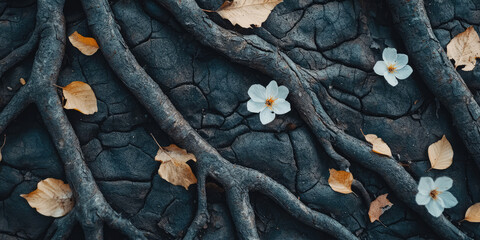 Earthy texture with intertwining tree roots, leaves and flowers, background, backdrop, texture, wallpaper
