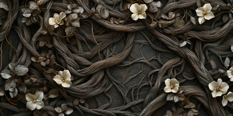 Earthy texture with intertwining tree roots, leaves and flowers, background, backdrop, texture, wallpaper