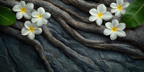 Earthy texture with intertwining tree roots, leaves and flowers, background, backdrop, texture, wallpaper