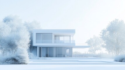 Poster - Minimalist modern white house surrounded by trees bathed in soft light on a summer day
