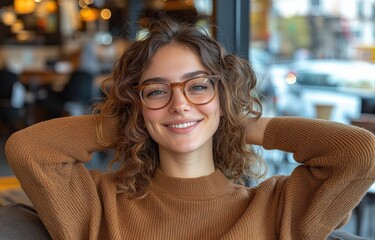 Wall Mural - A woman with curly hair and glasses is smiling and sitting on a couch