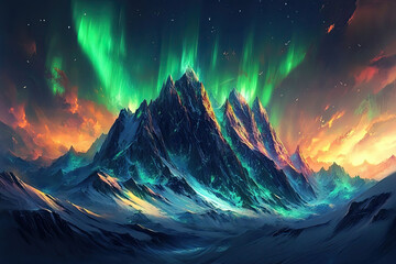 Canvas Print - Majestic Mountains Illuminated by Vibrant Aurora Borealis