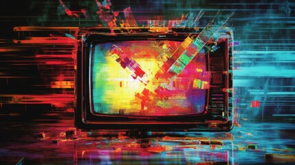 Aufkleber - A vibrant, abstract depiction of an old television screen with colorful pixelation and dynamic lines, suggesting digital distortion and retro technology.
