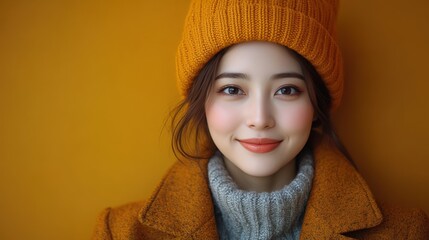 Poster - A woman wearing a yellow hat and a gray sweater is smiling