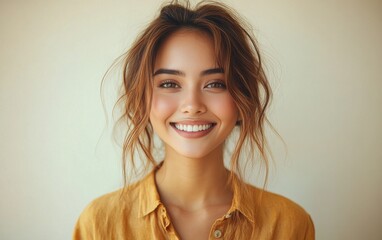 Wall Mural - A woman with brown hair and a yellow shirt is smiling