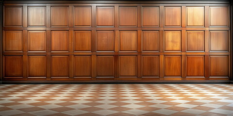 Wall Mural - Classic premium luxury wood paneling wall background or texture. Highly crafted wood paneling wall, with a frame and column pattern, Extra wide format. 